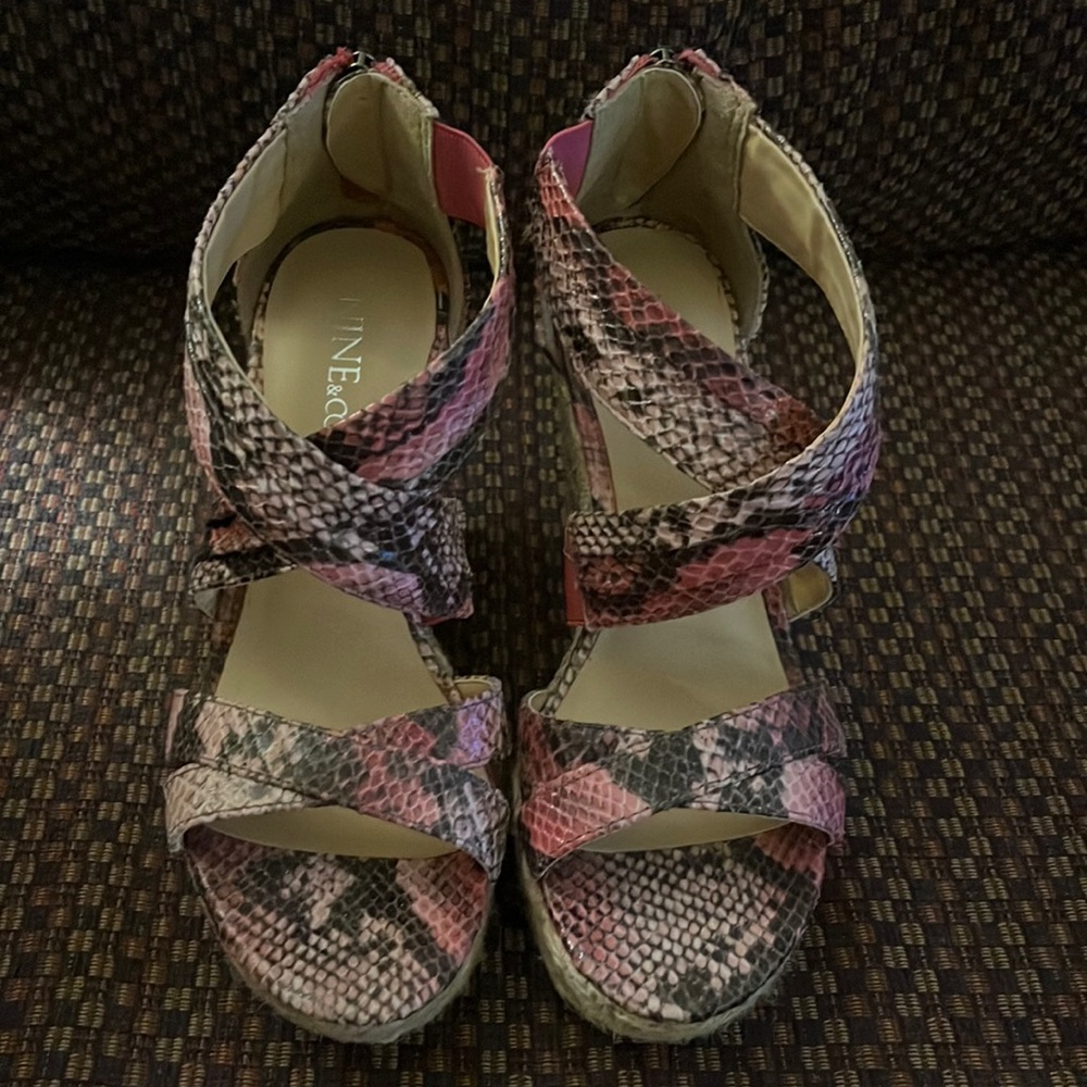 Pink snakeskin high wedge sandals